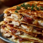 Delicious easy chicken bacon ranch quesadillas with crispy bacon and melted cheese