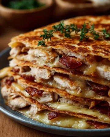 Delicious easy chicken bacon ranch quesadillas with crispy bacon and melted cheese
