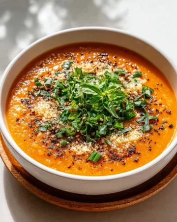 Bowl of creamy tomato basil soup topped with parmesan cheese