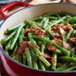 Delicious fresh green beans sautéed with crispy bacon.