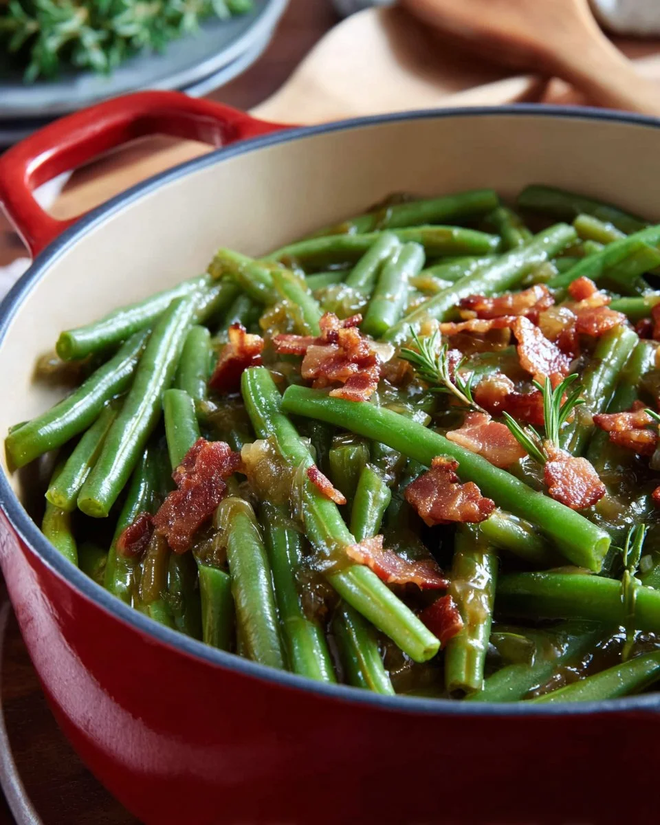 Delicious fresh green beans sautéed with crispy bacon.