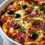A delicious pizza casserole made with layers of pasta, cheese, and pepperoni.