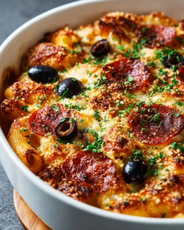 A delicious pizza casserole made with layers of pasta, cheese, and pepperoni.