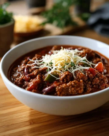 Bowl of Easy Texas Chili served with toppings and fresh ingredients