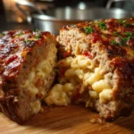 Delicious and savory epic meatloaf served with mashed potatoes and green beans.