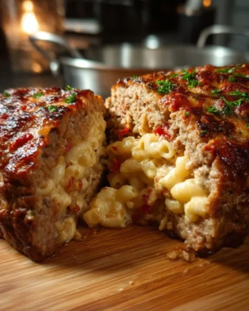 Delicious and savory epic meatloaf served with mashed potatoes and green beans.