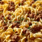 Ground Beef Stroganoff Casserole served in a baking dish