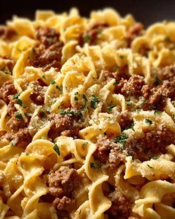 Ground Beef Stroganoff Casserole served in a baking dish