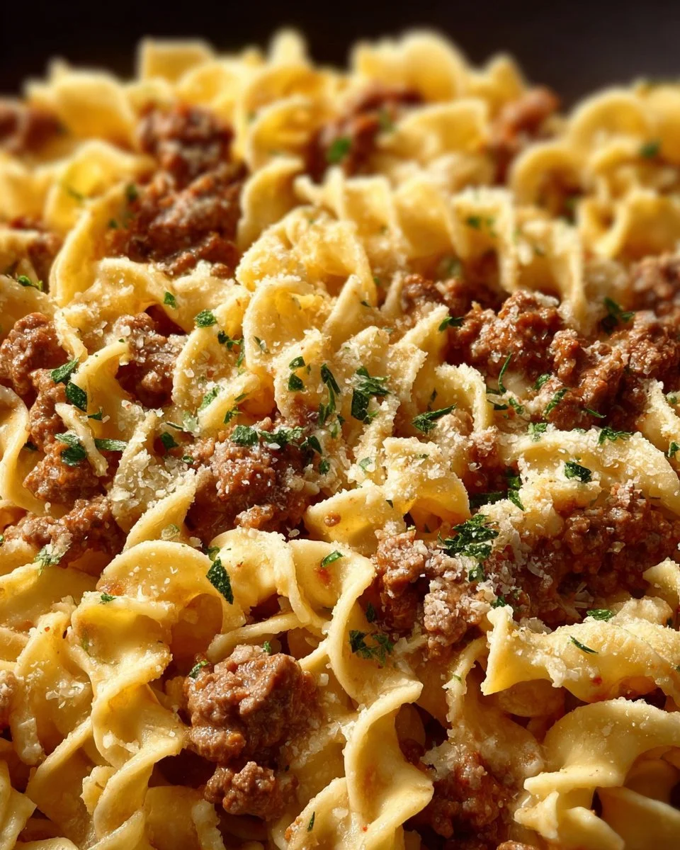 Ground Beef Stroganoff Casserole served in a baking dish