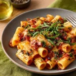 Hawaiian Pizza Pasta with ham, pineapple, and cheese in a hearty dish.