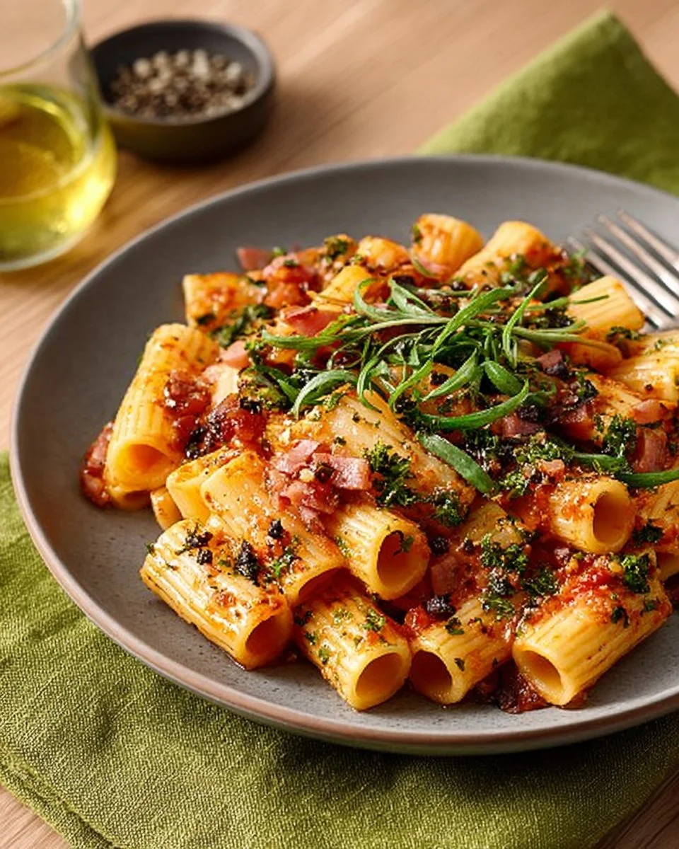 Hawaiian Pizza Pasta with ham, pineapple, and cheese in a hearty dish.