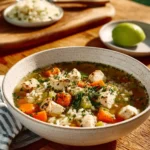 Bowl of hearty chicken and rice soup garnished with herbs