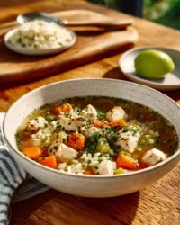 Bowl of hearty chicken and rice soup garnished with herbs