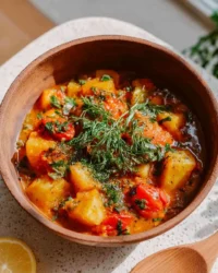 A bowl of hearty vegetable stew filled with colorful veggies and herbs.