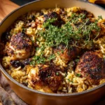 Herb chicken and rice skillet served in a pan with fresh herbs and vegetables