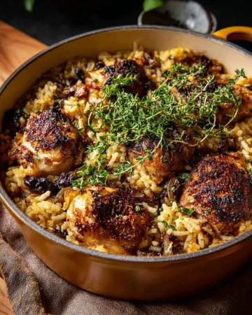 Herb chicken and rice skillet served in a pan with fresh herbs and vegetables