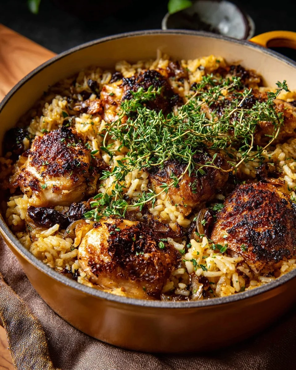 Herb chicken and rice skillet served in a pan with fresh herbs and vegetables