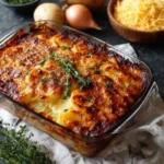 Herbs and cream scalloped potatoes topped with fresh herbs in a baking dish.