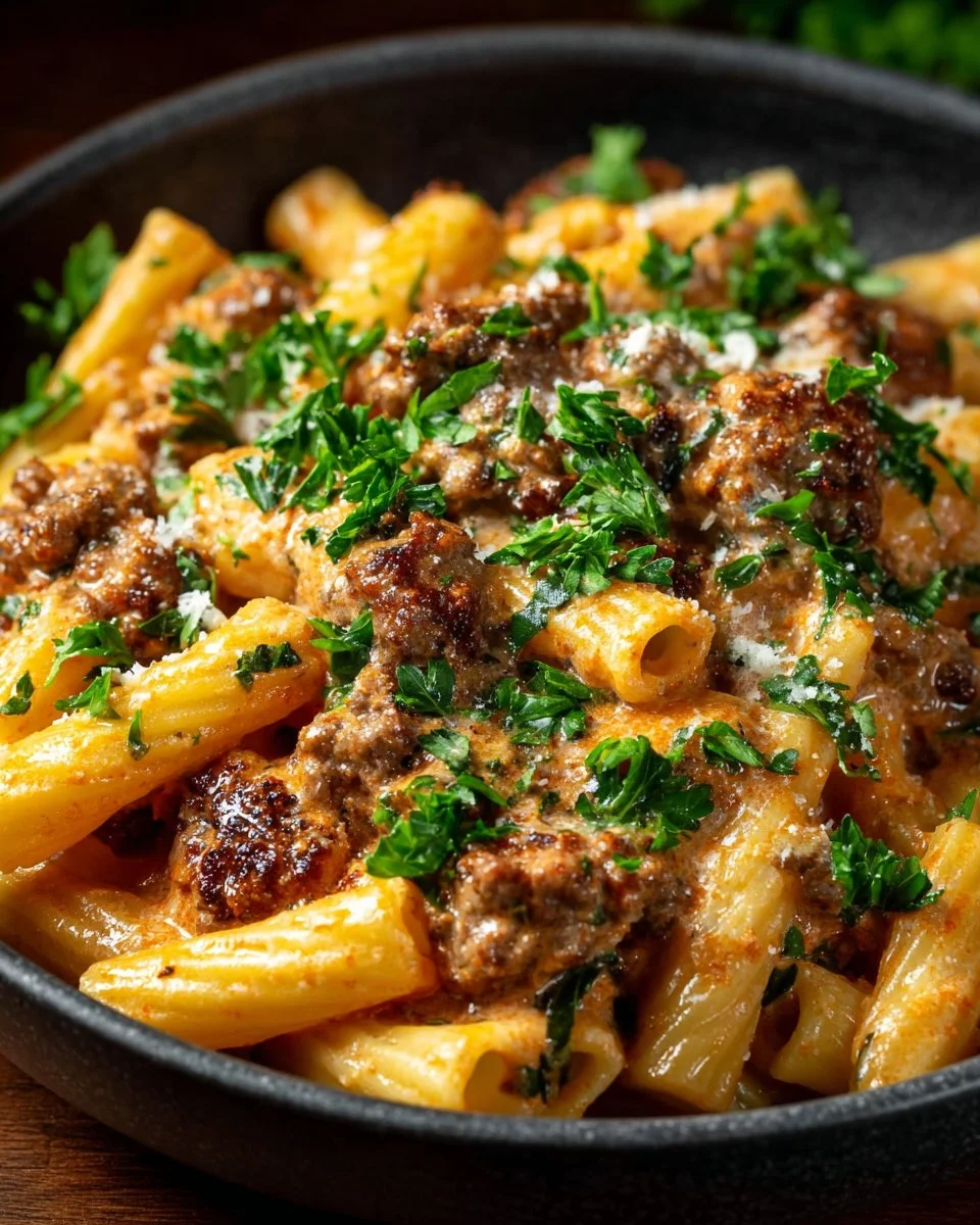 Creamy beef pasta dish rich in protein and flavor.