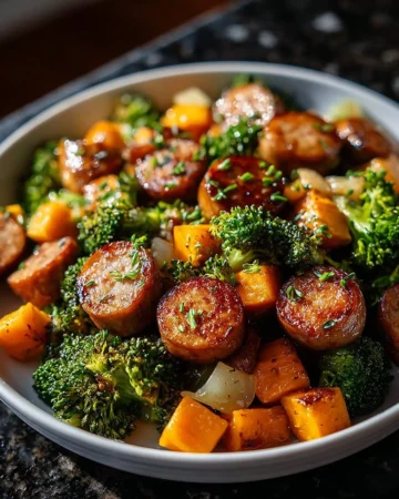 Honey Garlic Sheet Pan Sausage with vegetables on a baking sheet.