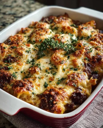 Delicious Italian Sausage Tortellini Bake served with melted cheese and herbs.
