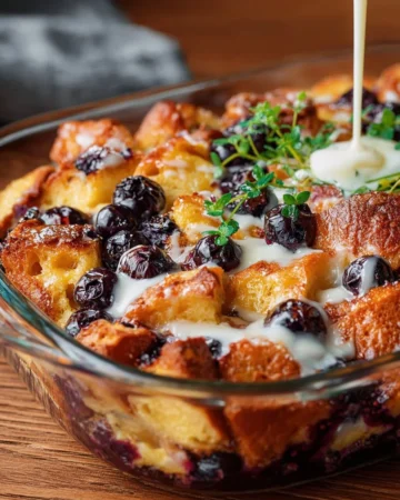 Lemon Blueberry Bread Pudding served in a bright dish with fresh blueberries