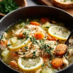 Bowl of Lemon Chicken and Rice Soup with fresh herbs and lemon slices