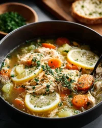Bowl of Lemon Chicken and Rice Soup with fresh herbs and lemon slices