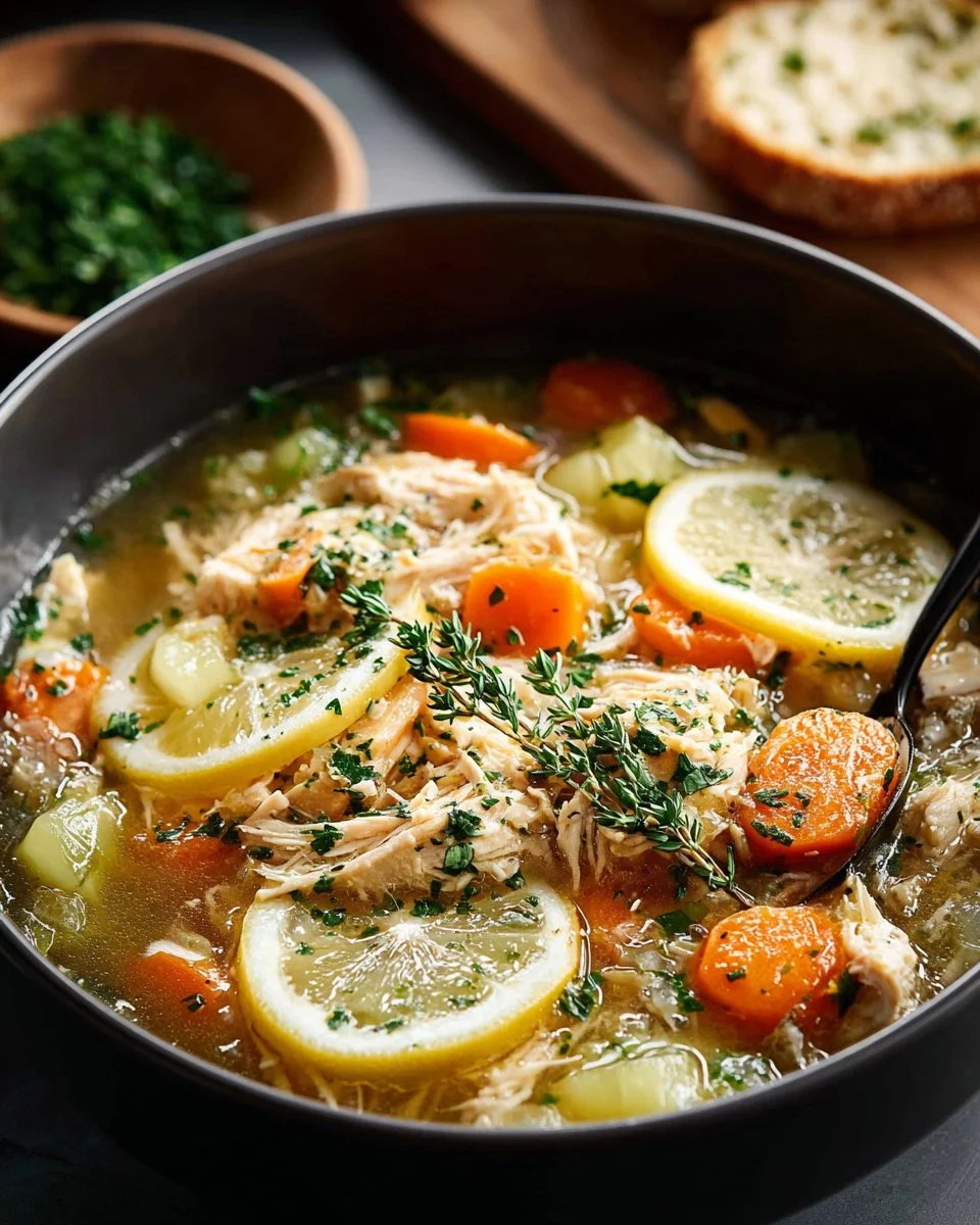 Bowl of Lemon Chicken and Rice Soup with fresh herbs and lemon slices