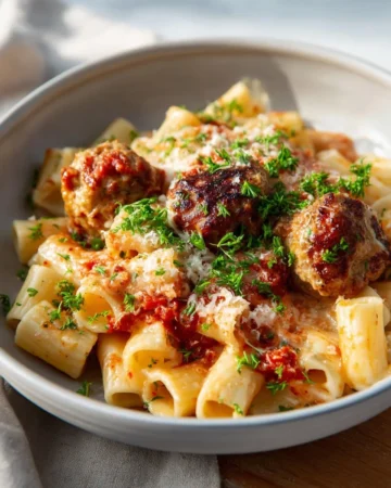A delicious serving of Meatball Mac and Cheese topped with melted cheese.