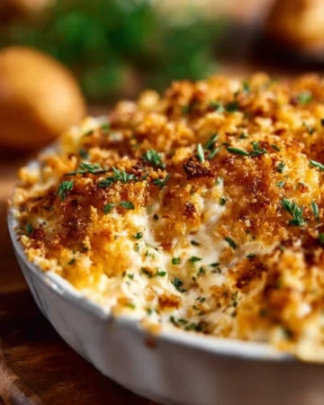 Million Dollar Chicken Casserole served in a baking dish, garnished with herbs.
