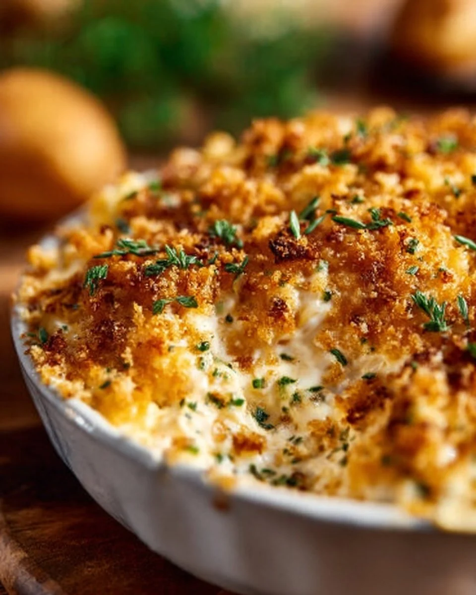 Million Dollar Chicken Casserole served in a baking dish, garnished with herbs.