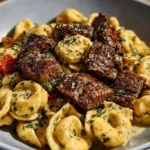 One-Pan Cowboy Butter Tortellini with steak bites in a skillet