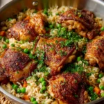 One Pot Chicken and Rice dish served in a bowl, garnished with herbs