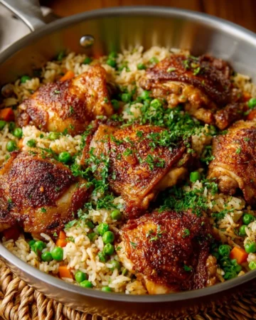 One Pot Chicken and Rice dish served in a bowl, garnished with herbs