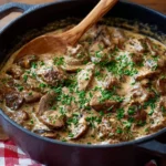 One-Pot Creamy Beef Stroganoff served in a bowl with fresh herbs.