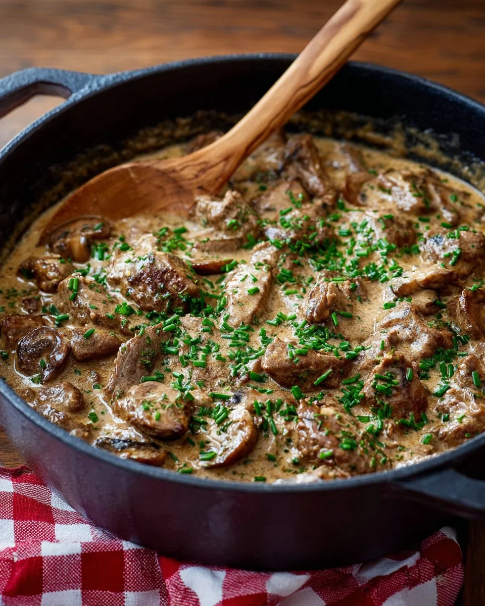 One-Pot Creamy Beef Stroganoff served in a bowl with fresh herbs.