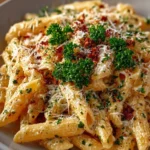 One pot creamy garlic pasta ready to serve, garnished with herbs.
