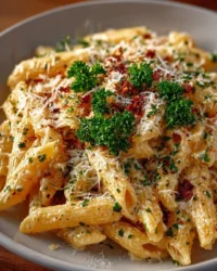 One pot creamy garlic pasta ready to serve, garnished with herbs.