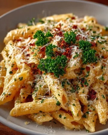 One pot creamy garlic pasta ready to serve, garnished with herbs.