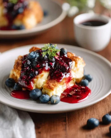 Delicious Overnight Blueberry French Toast topped with fresh blueberries and syrup
