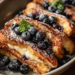 Delicious Overnight Pancake Casserole topped with syrup and berries.