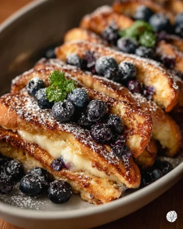 Delicious Overnight Pancake Casserole topped with syrup and berries.