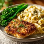 Delicious Parmesan Crusted Chicken garnished and ready to serve.