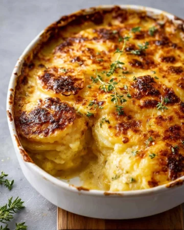Creamy Potatoes au Gratin topped with melted cheese and fresh herbs