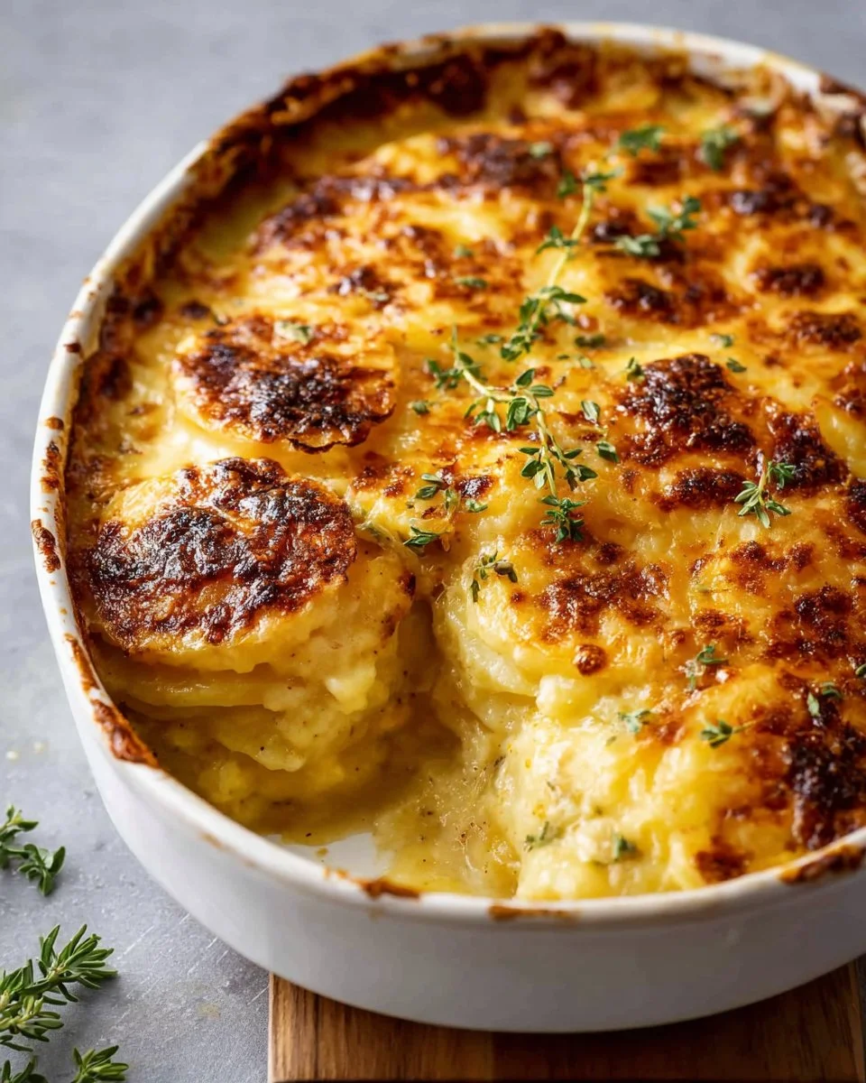 Creamy Potatoes au Gratin topped with melted cheese and fresh herbs
