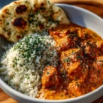 Delicious plate of quick and easy butter chicken with rice and herbs