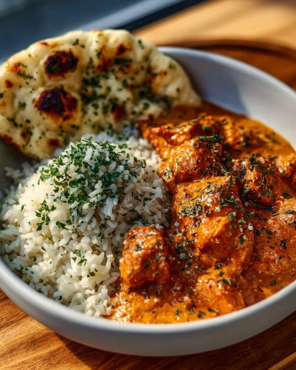 Delicious plate of quick and easy butter chicken with rice and herbs