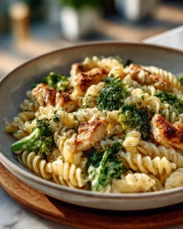 Rotisserie chicken broccoli pasta dish served in a bowl