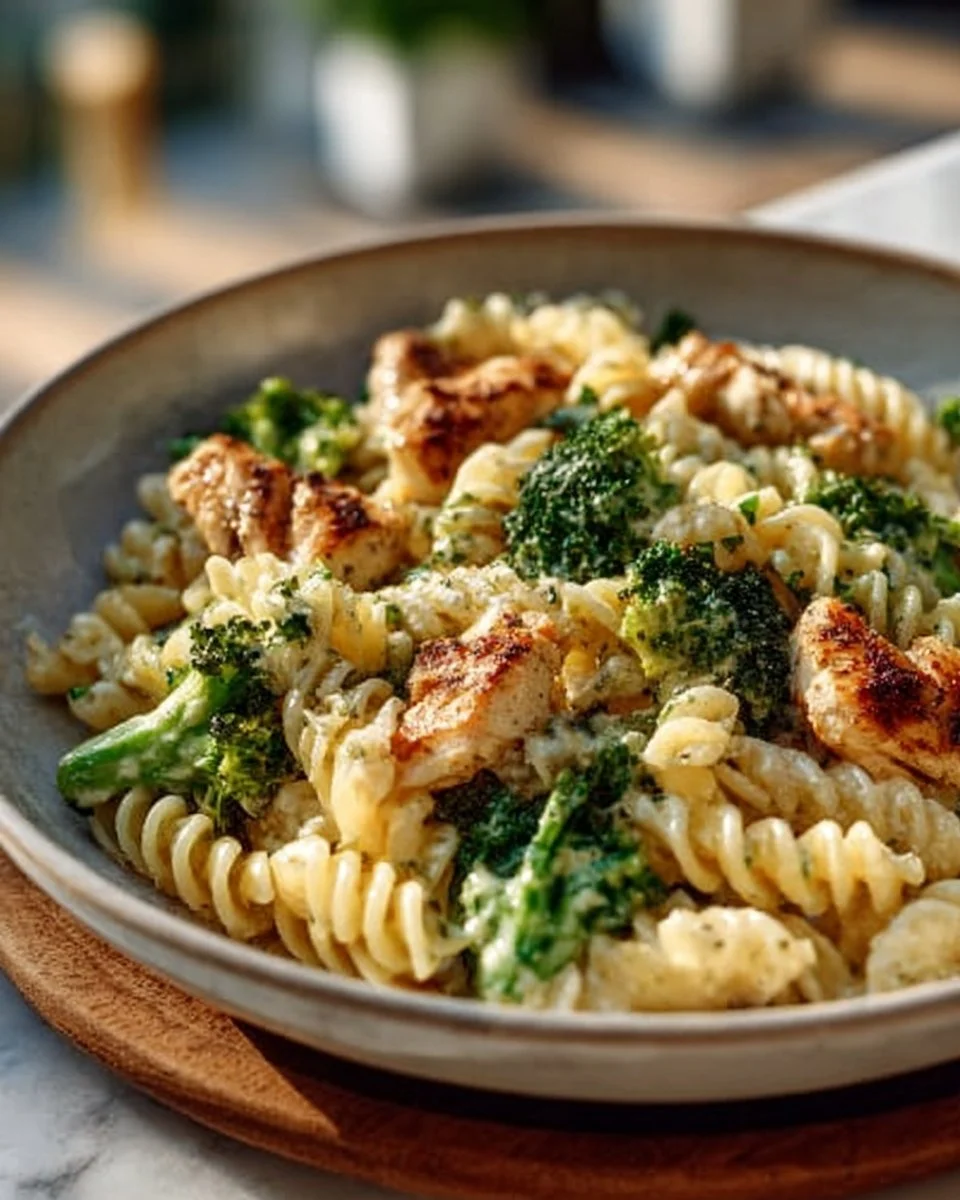 Rotisserie chicken broccoli pasta dish served in a bowl